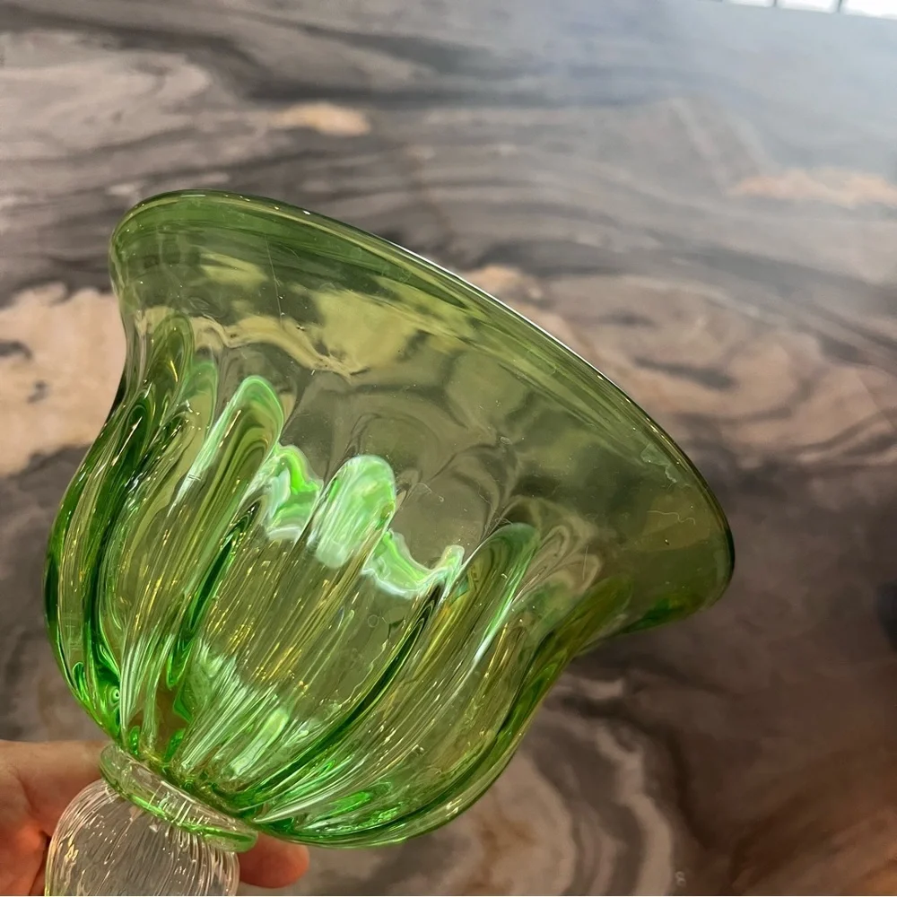 Hand Blown Green Fluted Compote Bowl Italy